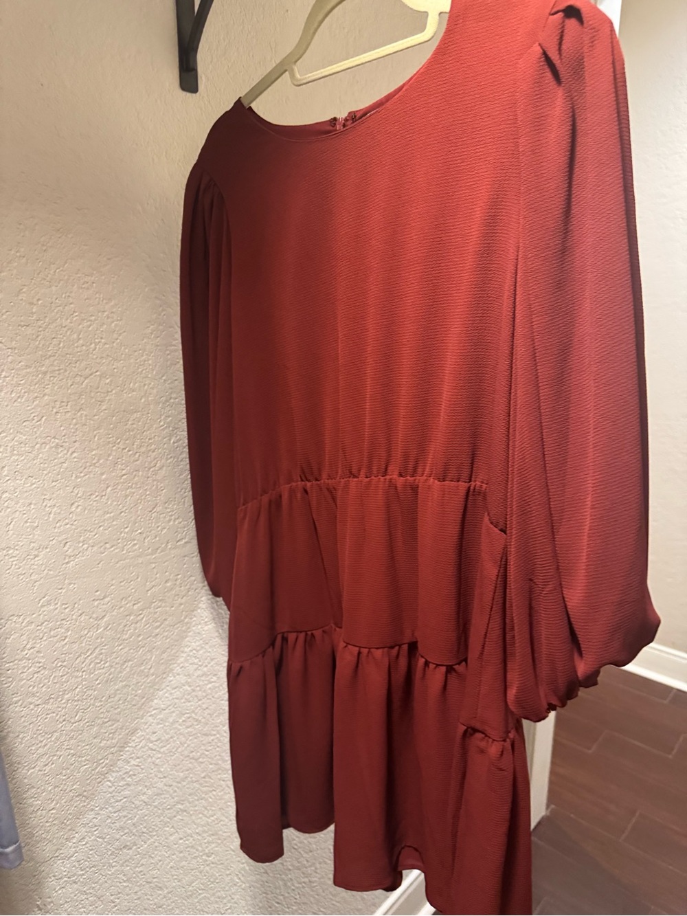 CeCe Rust Tiered Mini Dress with Long Puff Sleeves
